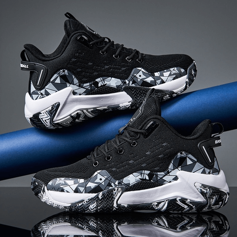 Breathable mesh sports shoes with cushioning SF0706, showcasing black pattern design and EVA cushioning on a stylish blue backdrop.